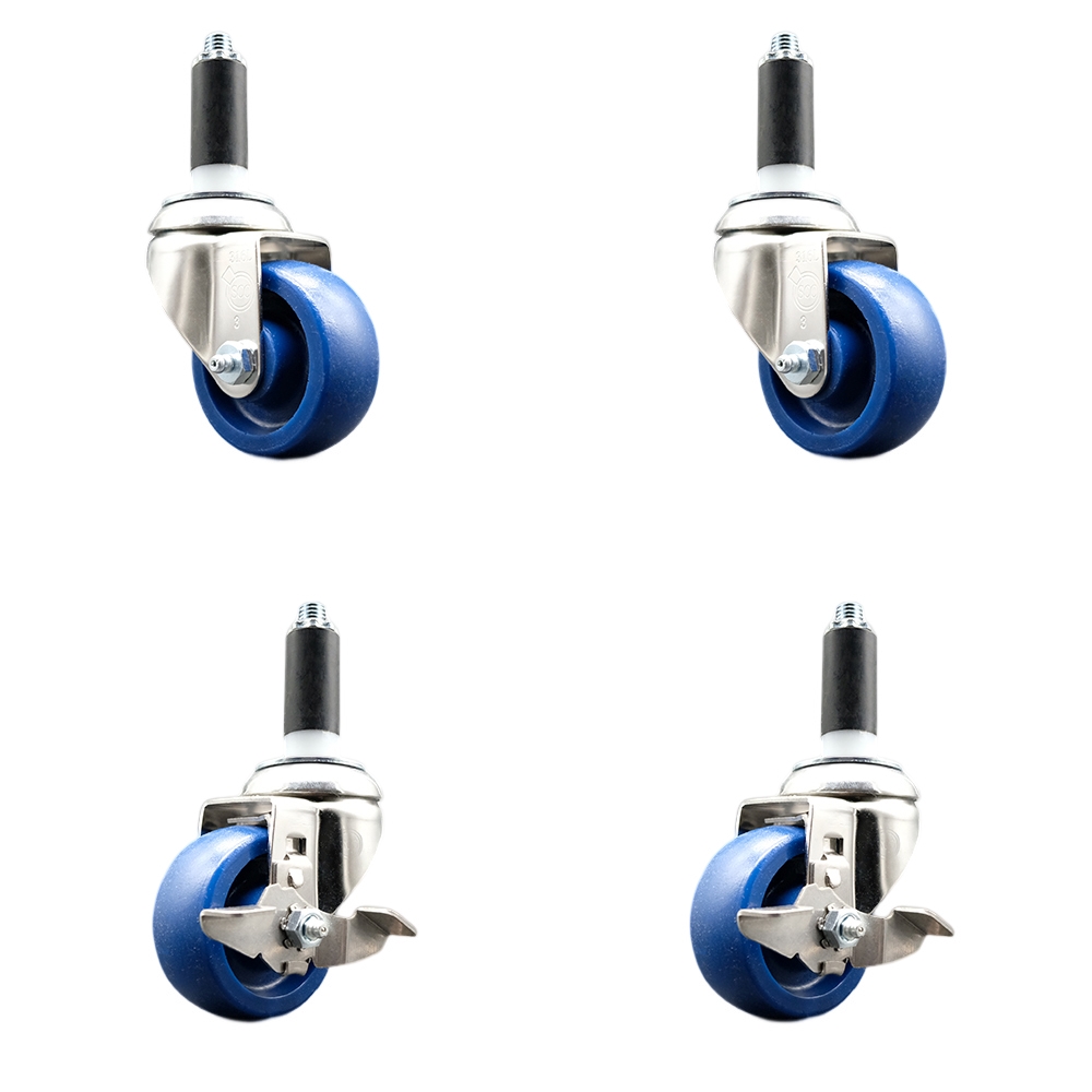 Solid Poly Swivel Stem Caster Set of 4 with 3 Inch Blue Caster Wheels - 1" Expanding Stems - 316 Stainless Steel Casters - Includes 2 Swivel with Top Lock Brakes and 2 Swivel - Service Caster Brand — photo 1