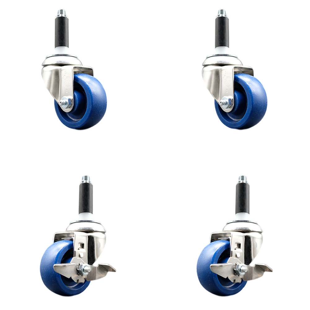Solid Poly Swivel Stem Caster Set of 4 with 3 Inch Blue Caster Wheels - 3/4" Expanding Stems - 316 Stainless Steel Casters - Includes 2 Swivel with Top Lock Brakes and 2 Swivel - Service Caster Brand — photo 1