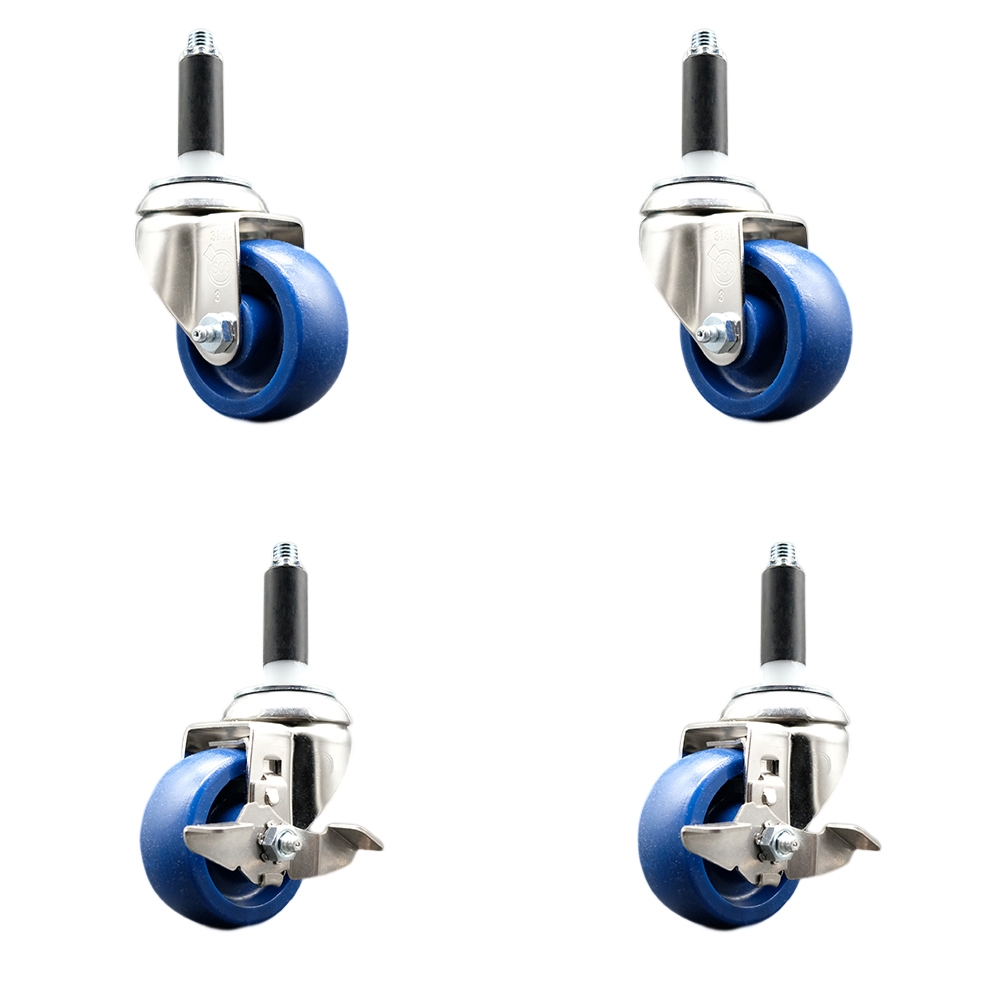 Solid Poly Swivel Stem Caster Set of 4 with 3.5 Inch Blue Caster Wheels - 7/8" Expanding Stems - 316 Stainless Steel Casters - Includes 2 Swivel with Top Lock Brakes and 2 Swivel- Service Caster Brand — photo 1