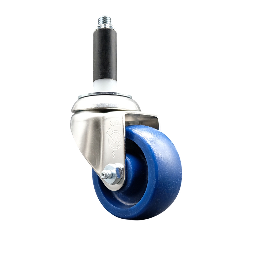 Solid Polyurethane Swivel Stem Caster with 3 Inch Blue Caster Wheel - 3/4" Expanding Stem - 316 Stainless Steel Caster - 300 lbs. Capacity Per Caster - Service Caster Brand — photo 1