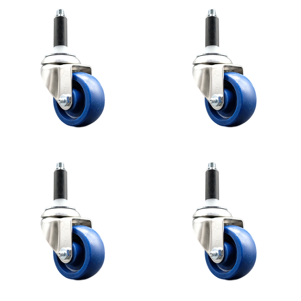 Solid Polyurethane Swivel Stem Caster Set of 4 with 3.5 Inch Blue Caster Wheels - 7/8" Expanding Stems - 316 Stainless Steel Casters - Includes 4 Swivel Casters - Service Caster Brand — photo 1