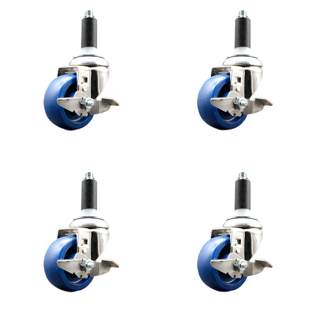 Solid Polyurethane Swivel Stem Caster Set of 4 with 3.5 Inch Blue Caster Wheels - 1" Expanding Stems - 316 Stainless Steel Casters - Includes 4 Swivel Casters with Top Lock Brakes-Service Caster Brand — photo 1