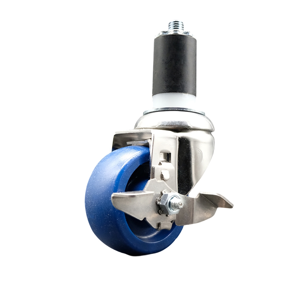 Solid Polyurethane Swivel Stem Caster with 3 Inch Blue Caster Wheel and Top Lock Brake - 1-1/2" Expanding Stem - 316 Stainless Steel Caster - 300 lbs. Capacity Per Caster - Service Caster Brand — photo 1