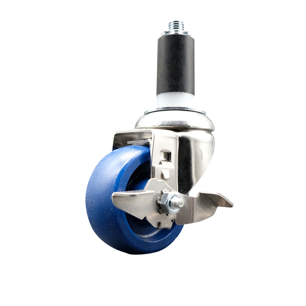 Solid Polyurethane Swivel Stem Caster with 3 Inch Blue Caster Wheel and Top Lock Brake - 1-1/4" Expanding Stem - 316 Stainless Steel Caster - 300 lbs. Capacity Per Caster - Service Caster Brand — photo 1