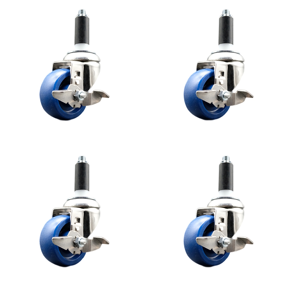 Solid Polyurethane Swivel Stem Caster Set of 4 with 3 Inch Blue Caster Wheels - 1-1/8" Expanding Stems - 316 Stainless Steel Casters-Includes 4 Swivel Casters with Top Lock Brakes-Service Caster Brand — photo 1