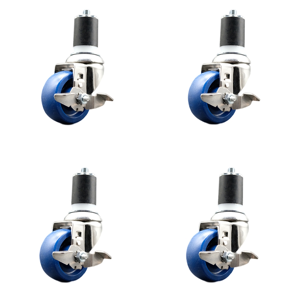 Solid Polyurethane Swivel Stem Caster Set of 4 with 3.5 Inch Blue Caster Wheels - 1-3/4" Expanding Stems-316 Stainless Steel Casters-Includes 4 Swivel Casters with Top Lock Brakes-Service Caster Brand — photo 1