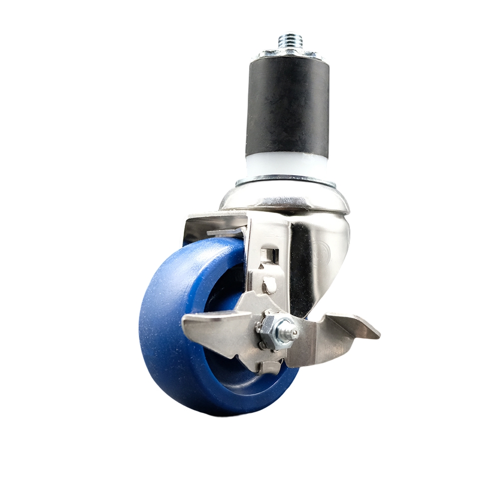 Solid Polyurethane Swivel Stem Caster with 3 Inch Blue Caster Wheel and Top Lock Brake - 1-3/4" Expanding Stem - 316 Stainless Steel Caster - 300 lbs. Capacity Per Caster - Service Caster Brand — photo 1