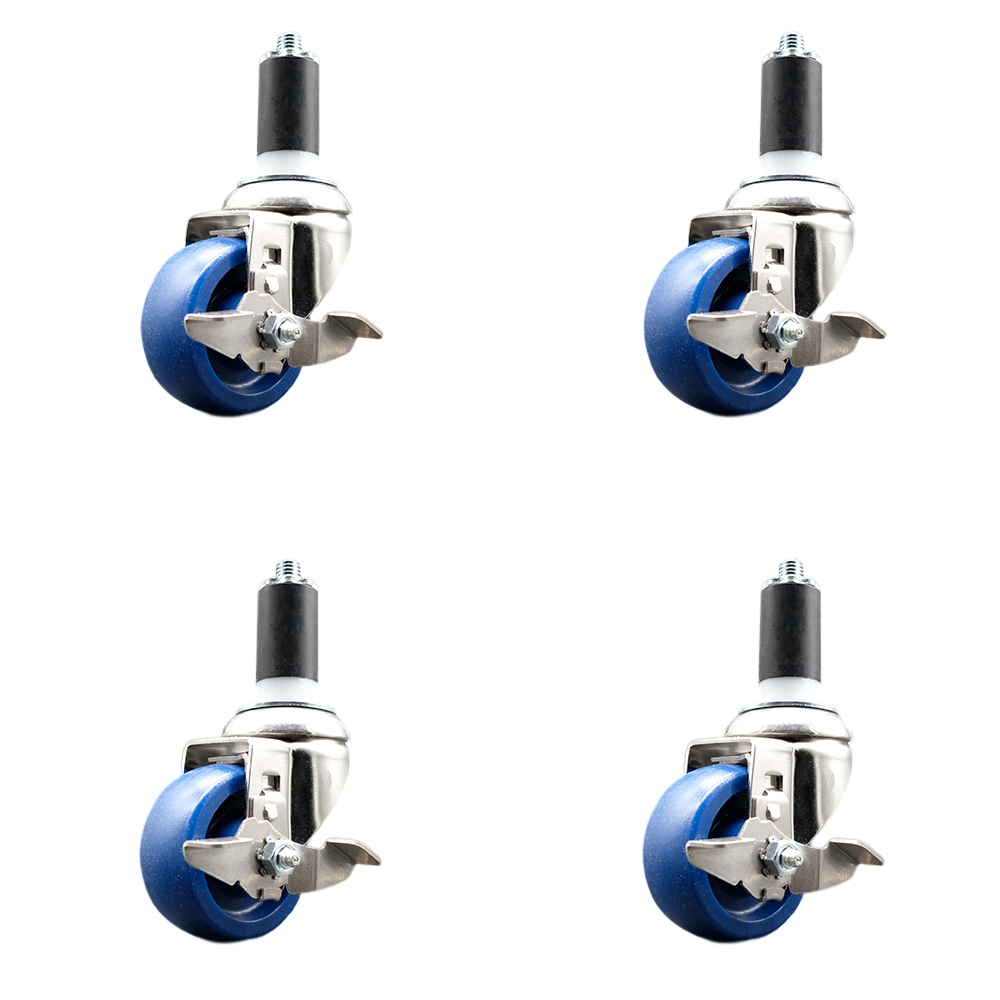 Solid Polyurethane Swivel Stem Caster Set of 4 with 3 Inch Blue Caster Wheels - 1-3/8" Expanding Stems - 316 Stainless Steel Casters-Includes 4 Swivel Casters with Top Lock Brakes-Service Caster Brand — photo 1