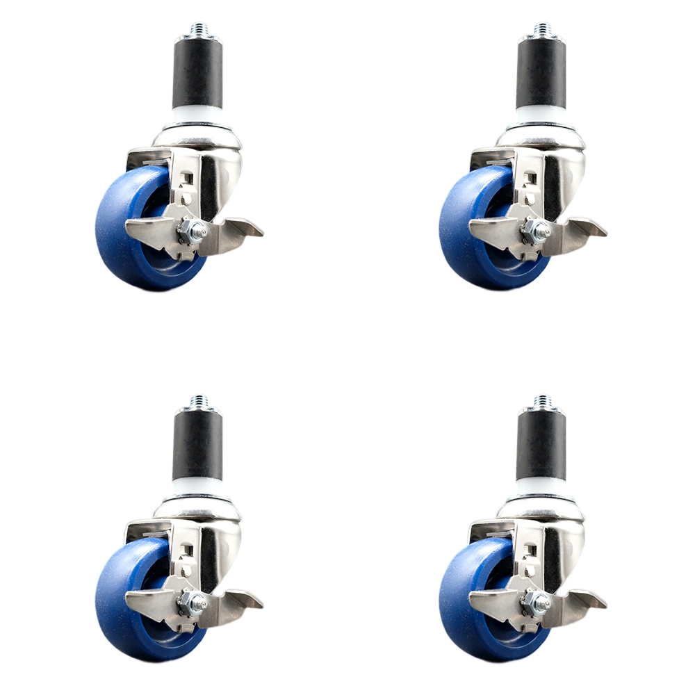 Solid Polyurethane Swivel Stem Caster Set of 4 with 3 Inch Blue Caster Wheels - 1-5/8" Expanding Stems - 316 Stainless Steel Casters-Includes 4 Swivel Casters with Top Lock Brakes-Service Caster Brand — photo 1