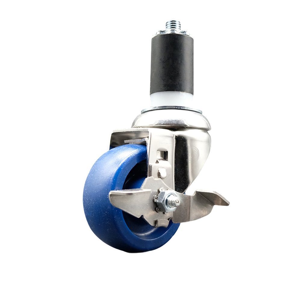 Solid Polyurethane Swivel Stem Caster with 3 Inch Blue Caster Wheel and Top Lock Brake - 1-5/8" Expanding Stem - 316 Stainless Steel Caster - 300 lbs. Capacity Per Caster - Service Caster Brand — photo 1