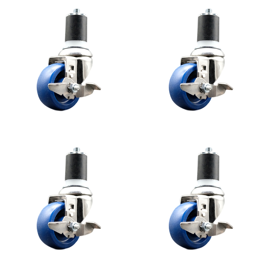 Solid Polyurethane Swivel Stem Caster Set of 4 with 3 Inch Blue Caster Wheels - 1-7/8" Expanding Stems - 316 Stainless Steel Casters-Includes 4 Swivel Casters with Top Lock Brakes-Service Caster Brand — photo 1