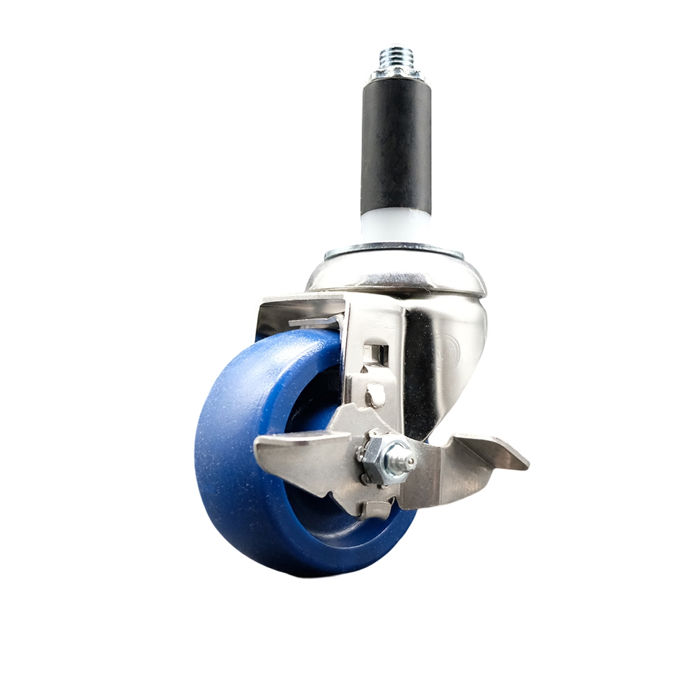 Solid Polyurethane Swivel Stem Caster with 3 Inch Blue Caster Wheel and Top Lock Brake - 1" Expanding Stem - 316 Stainless Steel Caster - 300 lbs. Capacity Per Caster - Service Caster Brand — photo 1