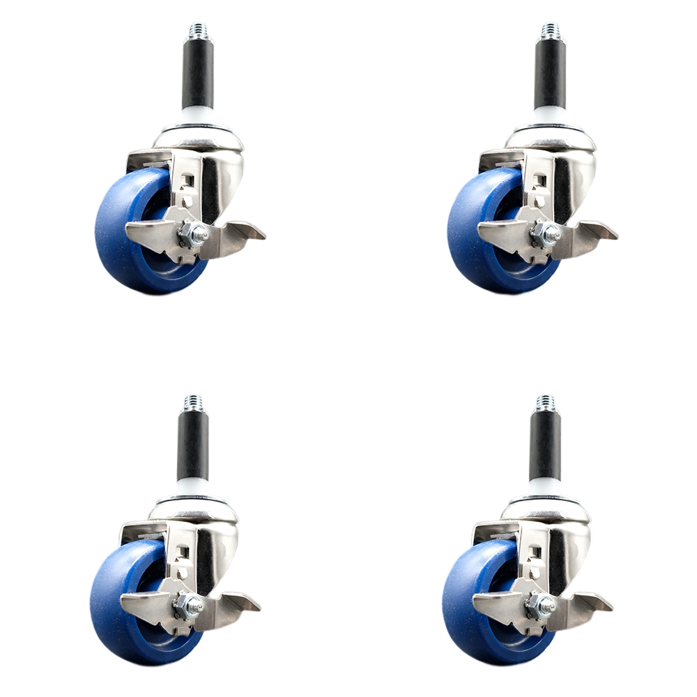 Solid Polyurethane Swivel Stem Caster Set of 4 with 3.5 Inch Blue Caster Wheels - 3/4" Expanding Stems - 316 Stainless Steel Casters-Includes 4 Swivel Casters with Top Lock Brakes-Service Caster Brand — photo 1