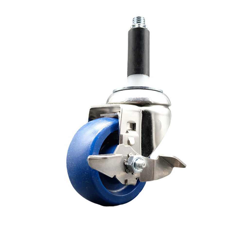 Solid Polyurethane Swivel Stem Caster with 3 Inch Blue Caster Wheel and Top Lock Brake - 3/4" Expanding Stem - 316 Stainless Steel Caster - 300 lbs. Capacity Per Caster - Service Caster Brand — photo 1