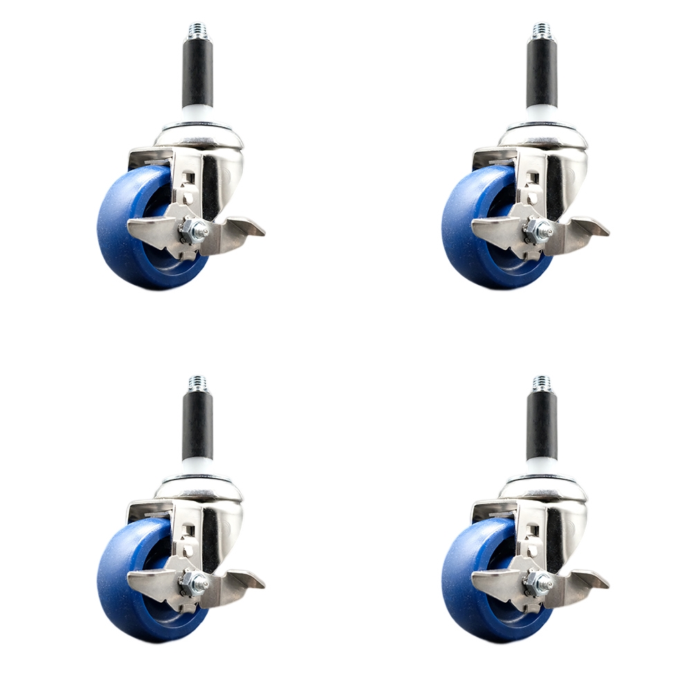 Solid Polyurethane Swivel Stem Caster Set of 4 with 3 Inch Blue Caster Wheels - 7/8" Expanding Stems - 316 Stainless Steel Casters - Includes 4 Swivel Casters with Top Lock Brakes-Service Caster Brand — photo 1