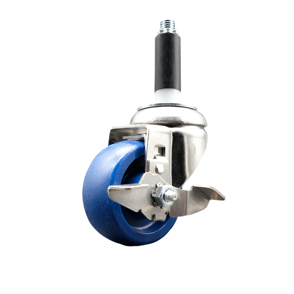 Solid Polyurethane Swivel Stem Caster with 3 Inch Blue Caster Wheel and Top Lock Brake - 7/8" Expanding Stem - 316 Stainless Steel Caster - 300 lbs. Capacity Per Caster - Service Caster Brand — photo 1
