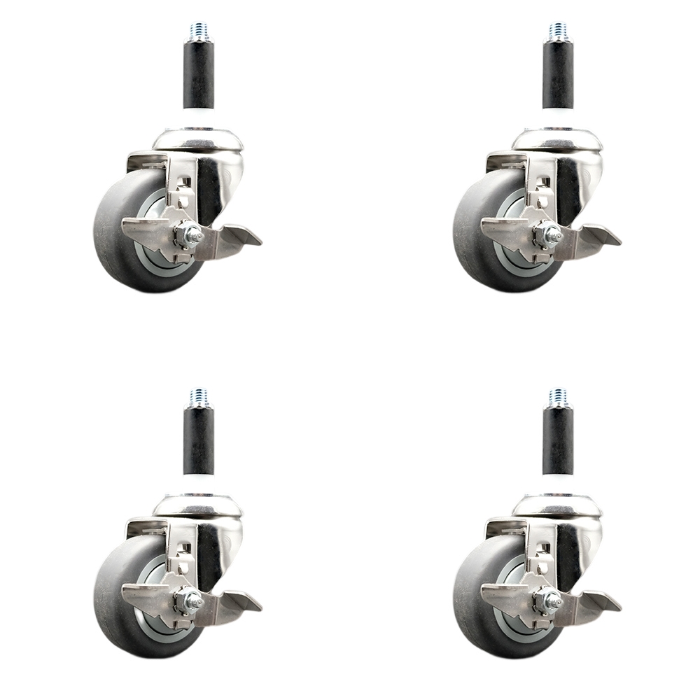 Thermoplastic Rubber Swivel Stem Caster Set of 4 with 3 Inch Caster Wheels - 3/4" Expanding Stems - 316 Stainless Steel Casters - Includes 4 Swivel Casters with Top Lock Brakes - Service Caster Brand — photo 1