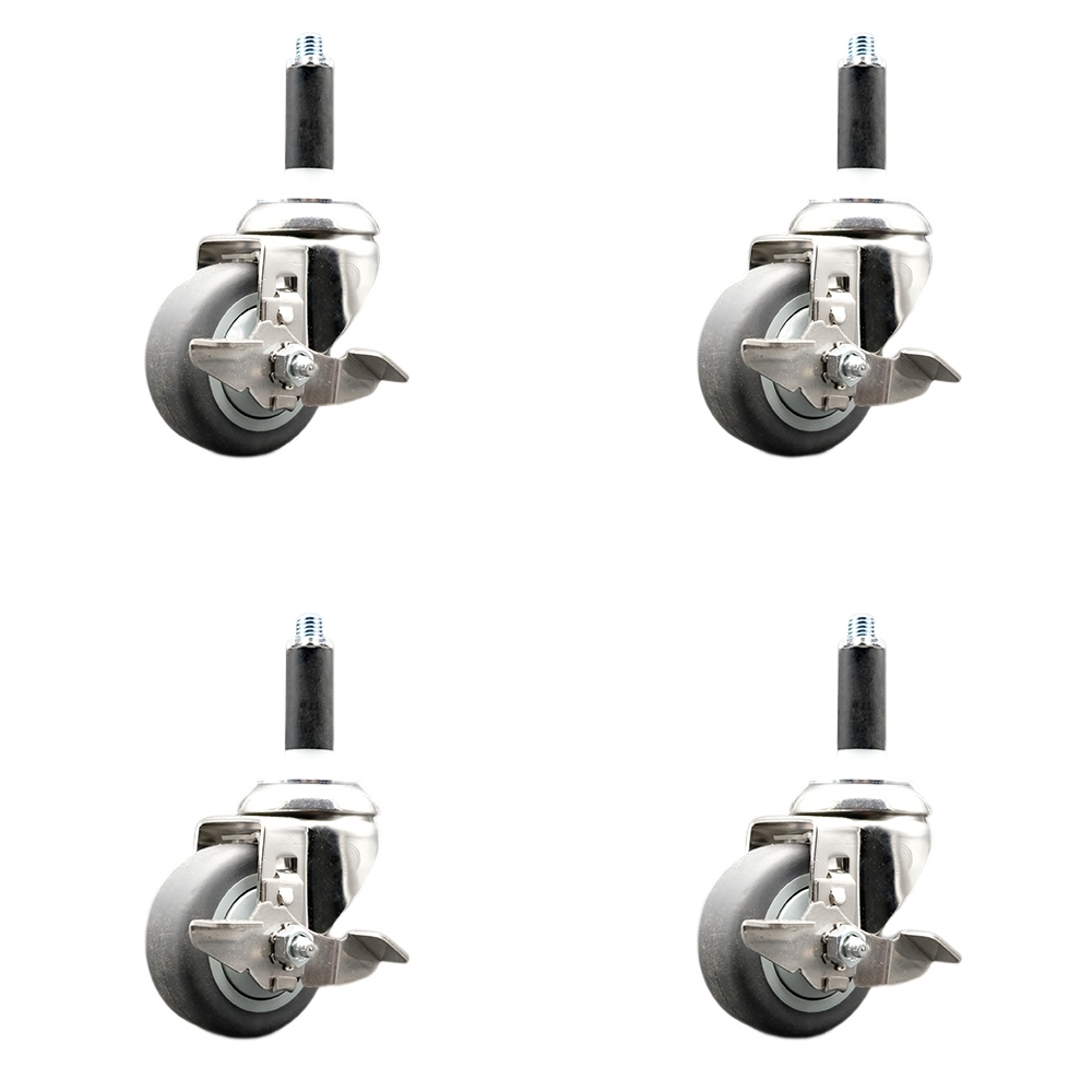 Thermoplastic Rubber Swivel Stem Caster Set of 4 with 3 Inch Caster Wheels - 7/8" Expanding Stems - 316 Stainless Steel Casters - Includes 4 Swivel Casters with Top Lock Brakes - Service Caster Brand — photo 1