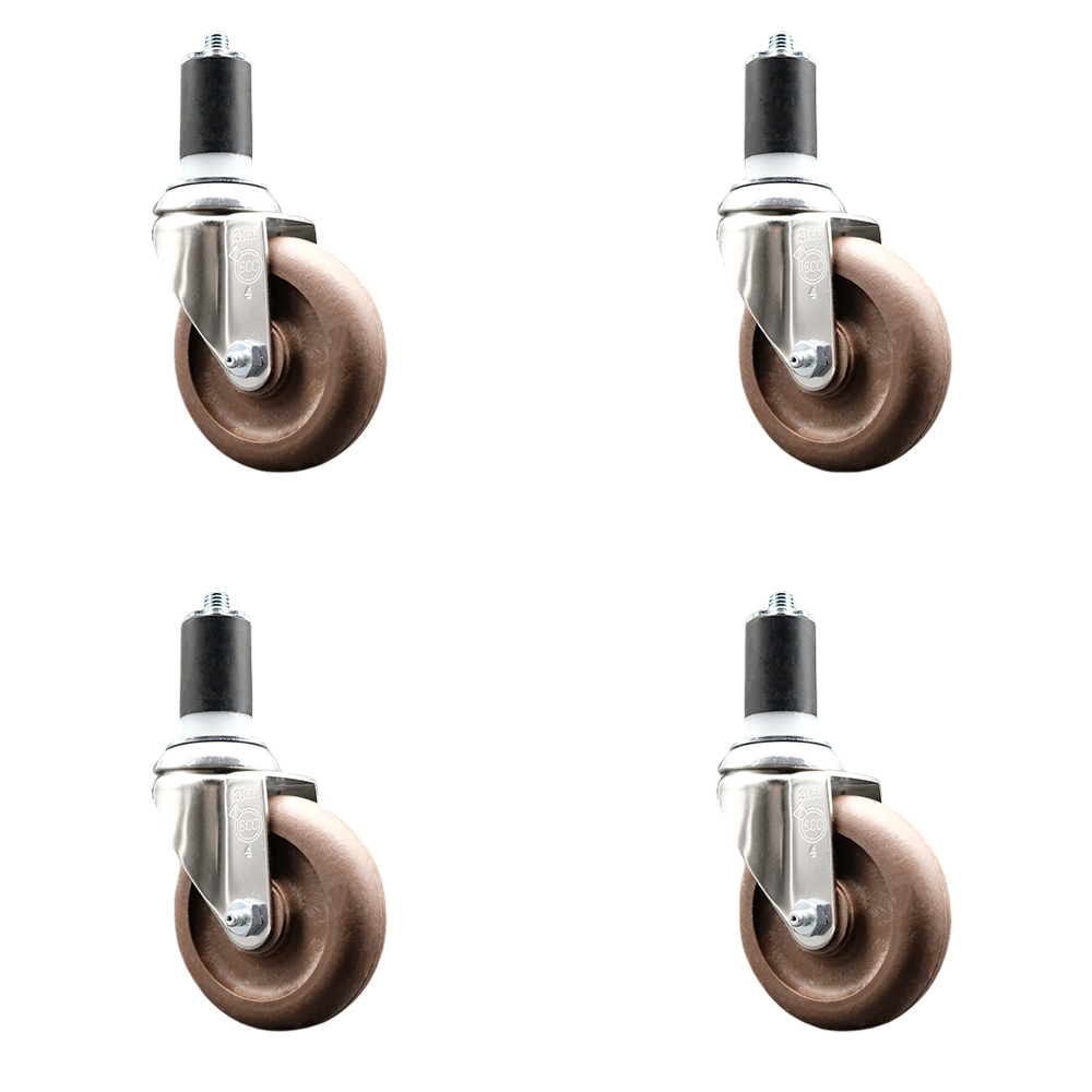 High Temperature Glass Filled Nylon Swivel Stem Caster Set of 4 with 4 Inch Brown Caster Wheels - 1-1/2" Expanding Stems - 316 Stainless Steel Casters - Includes 4 Swivel Casters -Service Caster Brand — photo 1