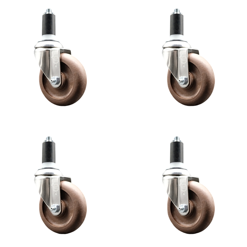 High Temperature Glass Filled Nylon Swivel Stem Caster Set of 4 with 4 Inch Brown Caster Wheels - 1-1/4" Expanding Stems - 316 Stainless Steel Casters - Includes 4 Swivel Casters -Service Caster Brand — photo 1