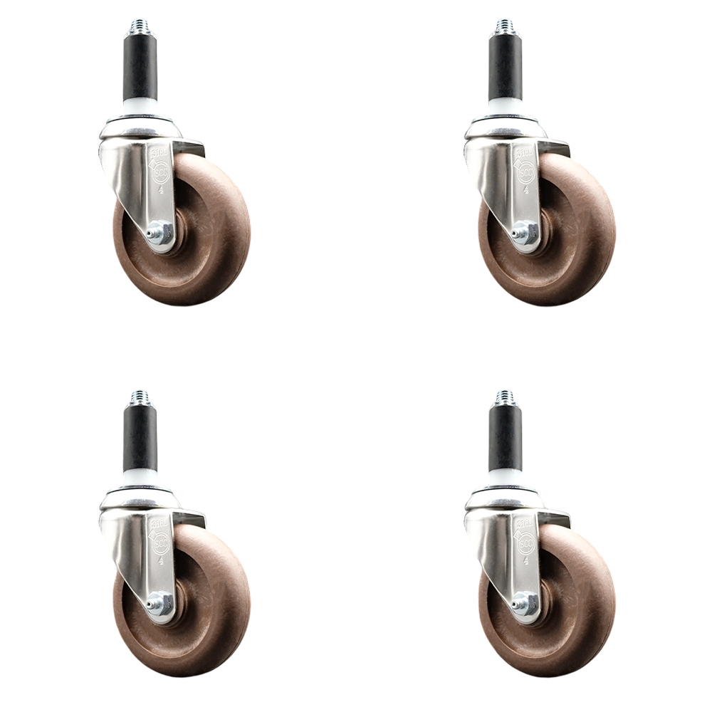 High Temperature Glass Filled Nylon Swivel Stem Caster Set of 4 with 4 Inch Brown Caster Wheels - 1-1/8" Expanding Stems - 316 Stainless Steel Casters - Includes 4 Swivel Casters -Service Caster Brand — photo 1