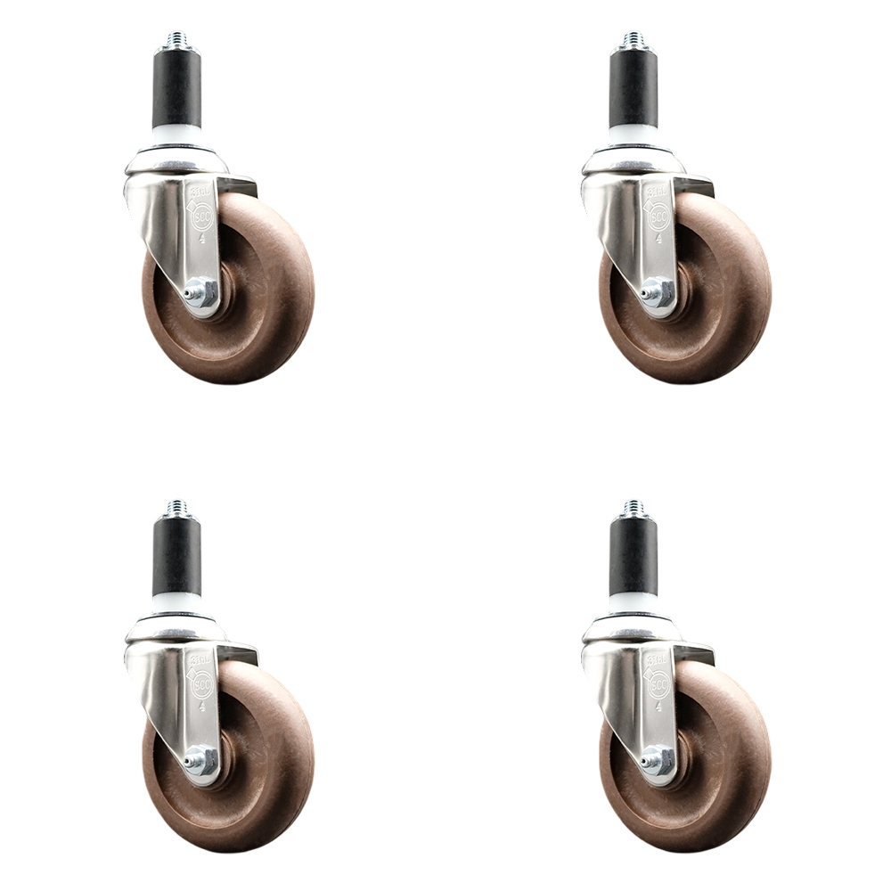 High Temperature Glass Filled Nylon Swivel Stem Caster Set of 4 with 4 Inch Brown Caster Wheels - 1-3/8" Expanding Stems - 316 Stainless Steel Casters - Includes 4 Swivel Casters -Service Caster Brand — photo 1