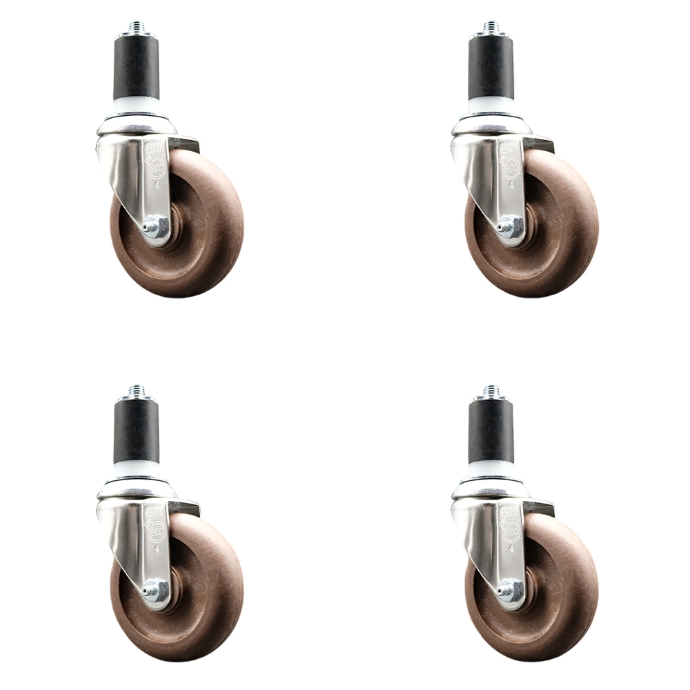 High Temperature Glass Filled Nylon Swivel Stem Caster Set of 4 with 4 Inch Brown Caster Wheels - 1-5/8" Expanding Stems - 316 Stainless Steel Casters - Includes 4 Swivel Casters -Service Caster Brand — photo 1