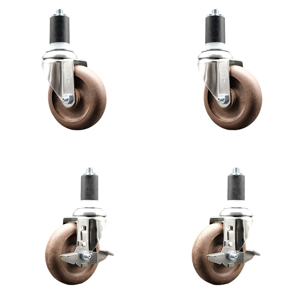 High Temp Glass Filled Nylon Swivel Stem Caster Set of 4 with 4 Inch Caster Wheels-1-1/2" Expanding Stems-316 Stainless Steel Caster-Include 2 Swivel with Top Lock Brake& 2 Swivel-Service Caster Brand — photo 1