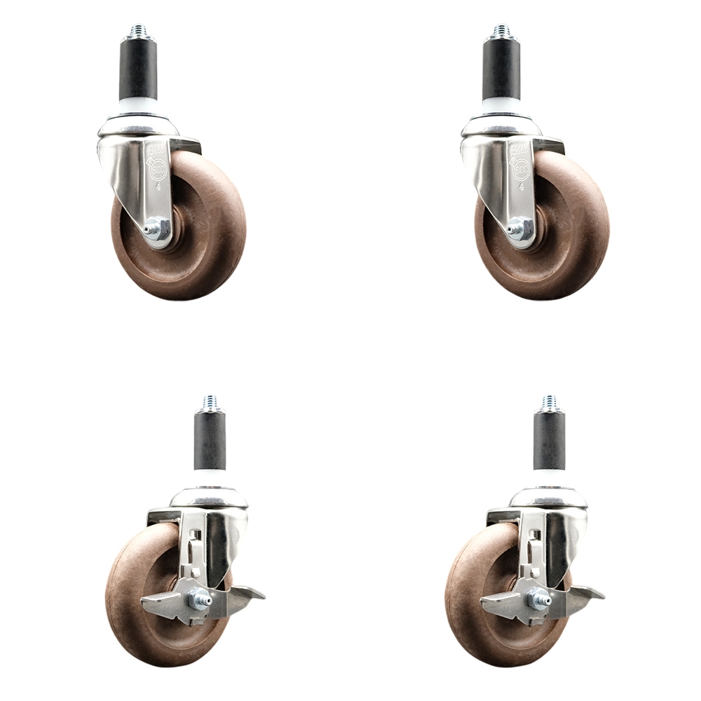 High Temp Glass Filled Nylon Swivel Stem Caster Set of 4 with 4 Inch Caster Wheels-1-1/4" Expanding Stems-316 Stainless Steel Caster-Include 2 Swivel with Top Lock Brake& 2 Swivel-Service Caster Brand — photo 1