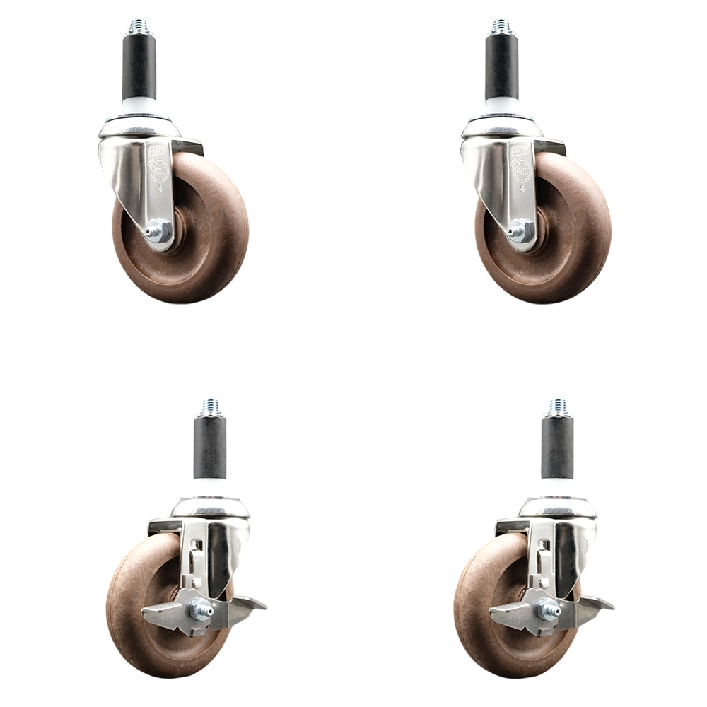 High Temp Glass Filled Nylon Swivel Stem Caster Set of 4 with 4 Inch Caster Wheels-1-1/8" Expanding Stems-316 Stainless Steel Caster-Include 2 Swivel with Top Lock Brake& 2 Swivel-Service Caster Brand — photo 1