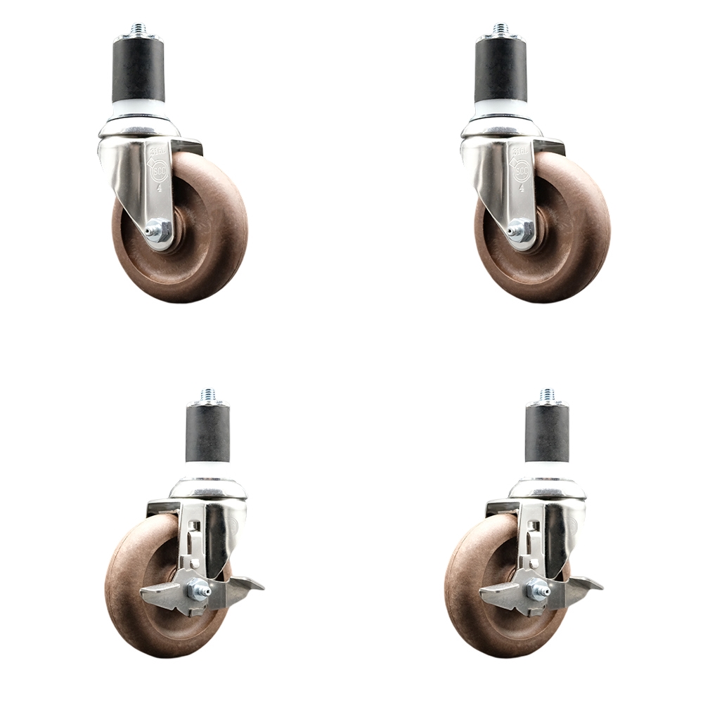 High Temp Glass Filled Nylon Swivel Stem Caster Set of 4 with 4 Inch Caster Wheels-1-7/8" Expanding Stems-316 Stainless Steel Caster-Include 2 Swivel with Top Lock Brake& 2 Swivel-Service Caster Brand — photo 1
