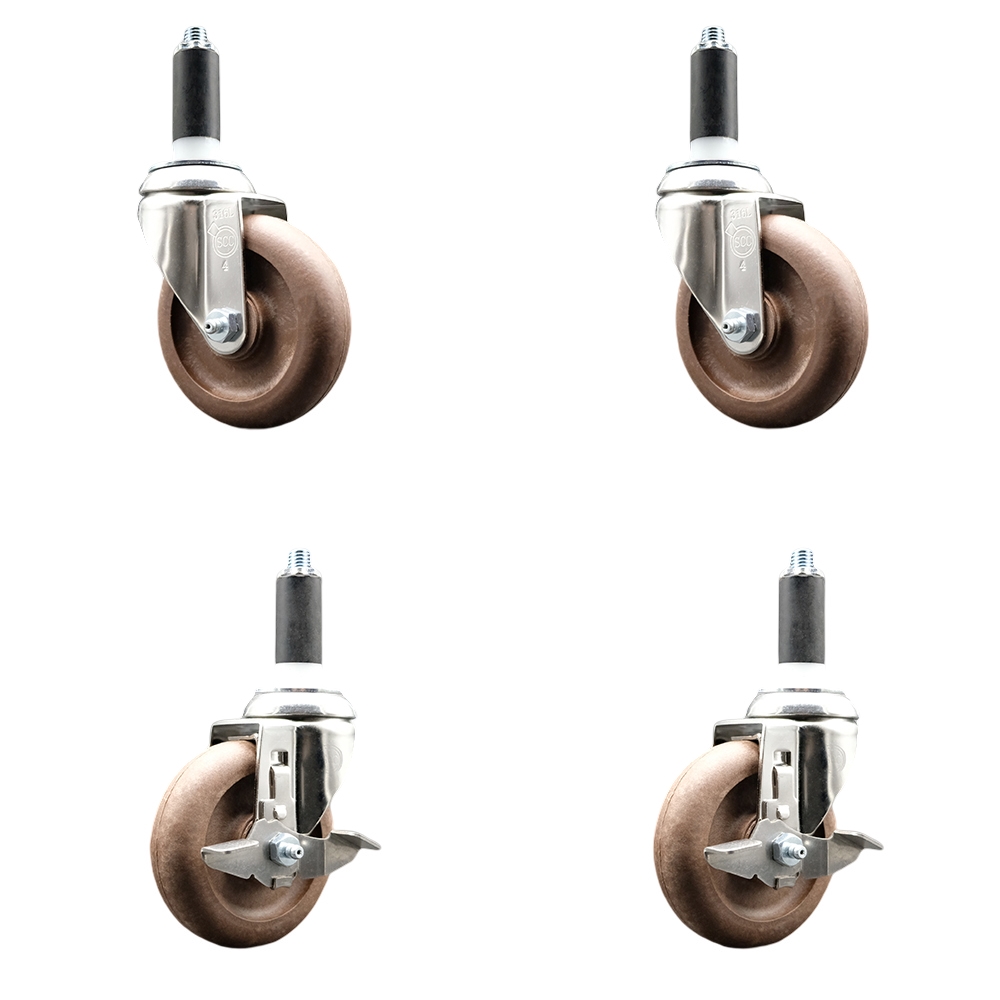 High Temp Glass Filled Nylon Swivel Stem Caster Set of 4 with 4 Inch Caster Wheels-1" Expanding Stems-316 Stainless Steel Casters-Includes 2 Swivel with Top Lock Brakes& 2 Swivel- Service Caster Brand — photo 1