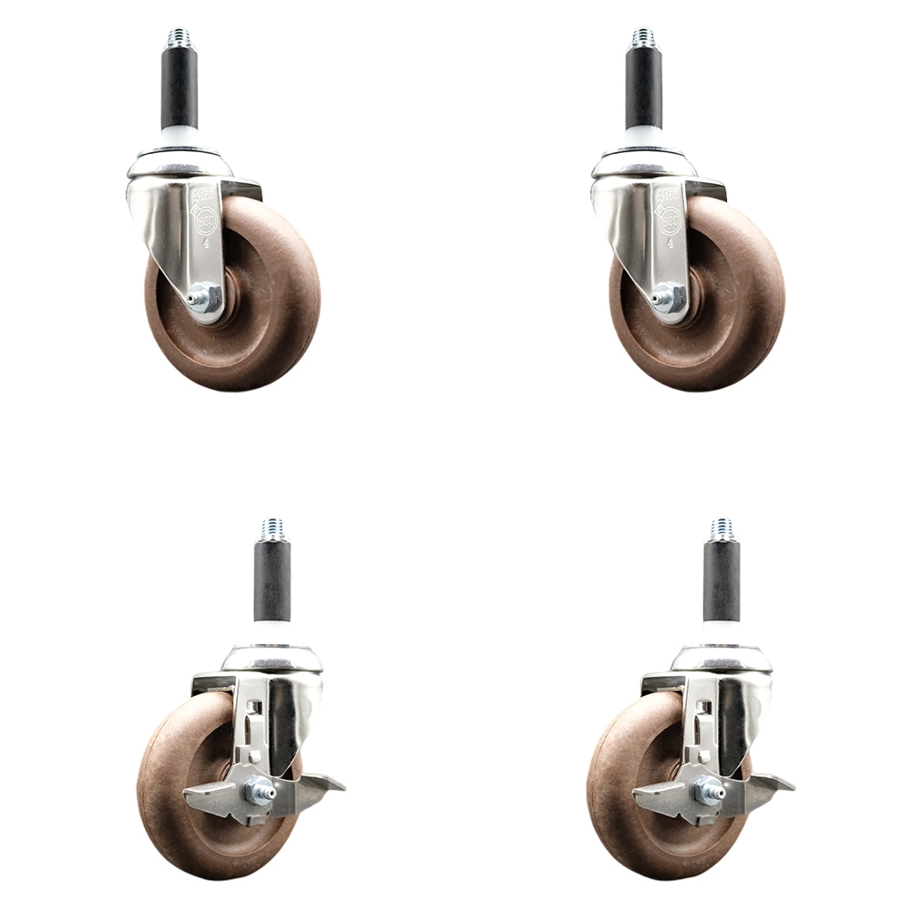 High Temp Glass Filled Nylon Swivel Stem Caster Set of 4 with 4 Inch Caster Wheels-3/4" Expanding Stems-316 Stainless Steel Casters-Includes 2 Swivel with Top Lock Brakes&2 Swivel-Service Caster Brand — photo 1