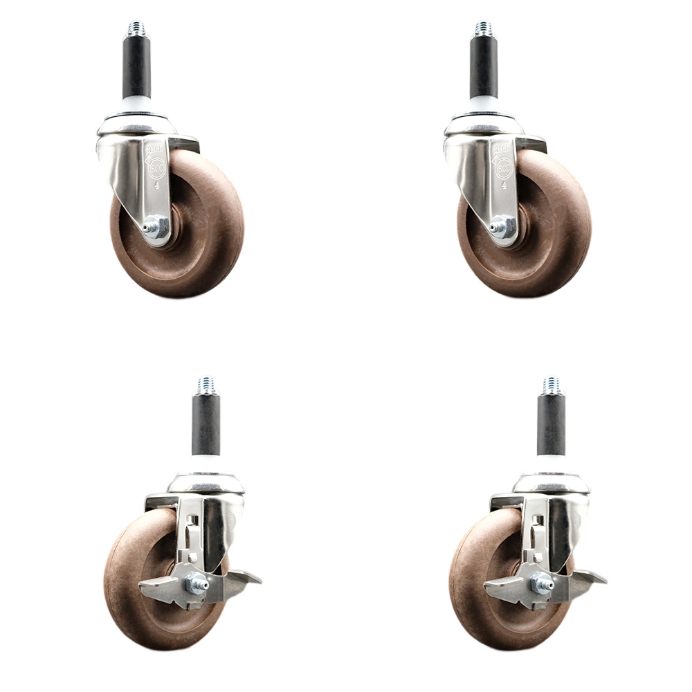 High Temp Glass Filled Nylon Swivel Stem Caster Set of 4 with 4 Inch Caster Wheels-7/8" Expanding Stems-316 Stainless Steel Casters-Includes 2 Swivel with Top Lock Brakes&2 Swivel-Service Caster Brand — photo 1