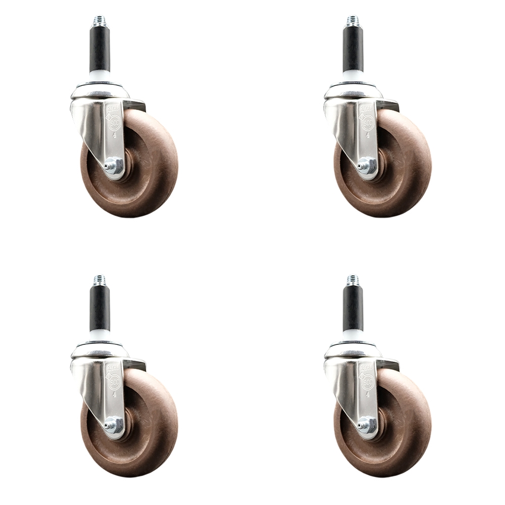 High Temperature Glass Filled Nylon Swivel Stem Caster Set of 4 with 4 Inch Brown Caster Wheels - 7/8" Expanding Stems - 316 Stainless Steel Casters - Includes 4 Swivel Casters - Service Caster Brand — photo 1