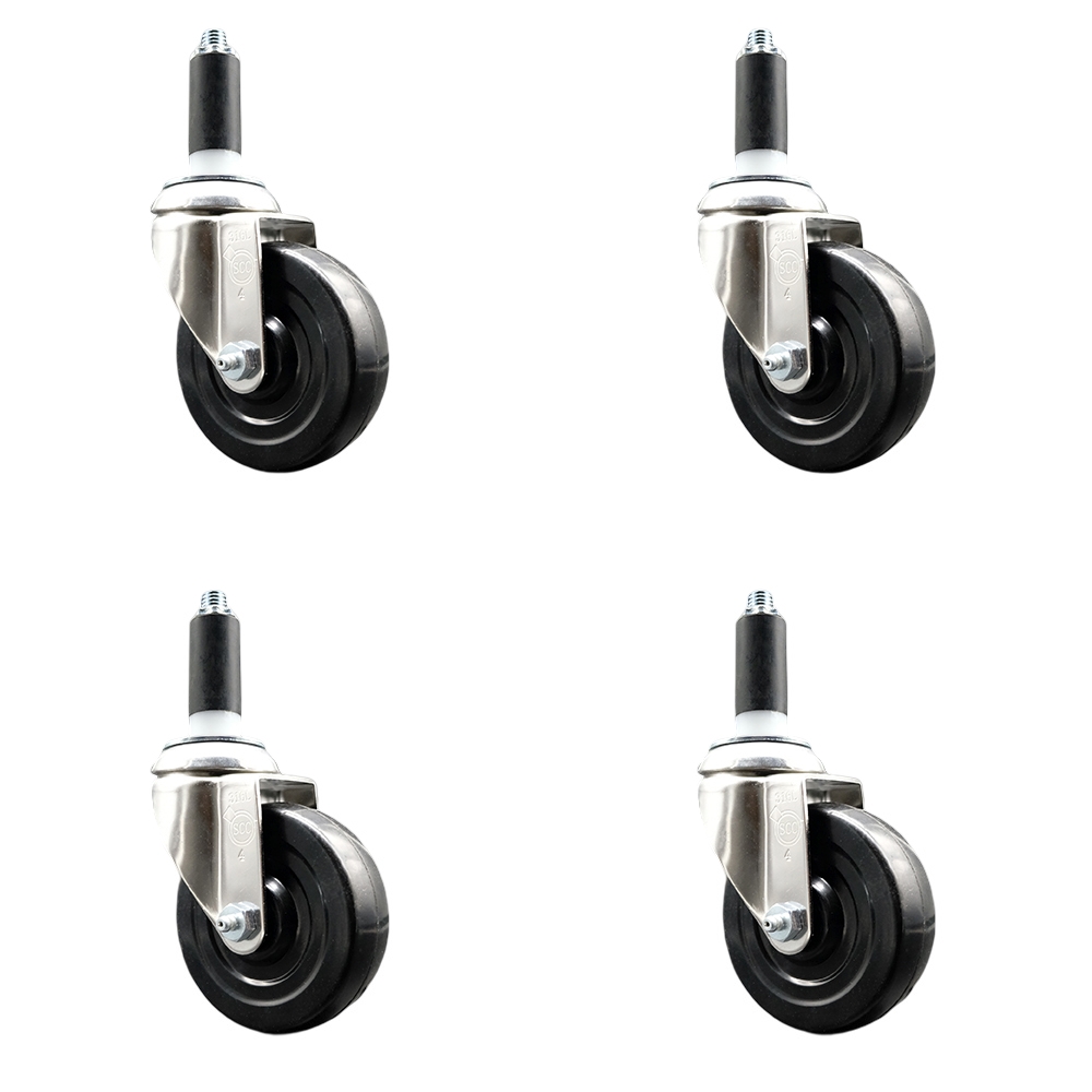 Soft Rubber Swivel Stem Caster Set of 4 with 4 Inch Black Caster Wheels - 1" Expanding Stems - 316 Stainless Steel Casters - Includes 4 Swivel Casters - Service Caster Brand — photo 1