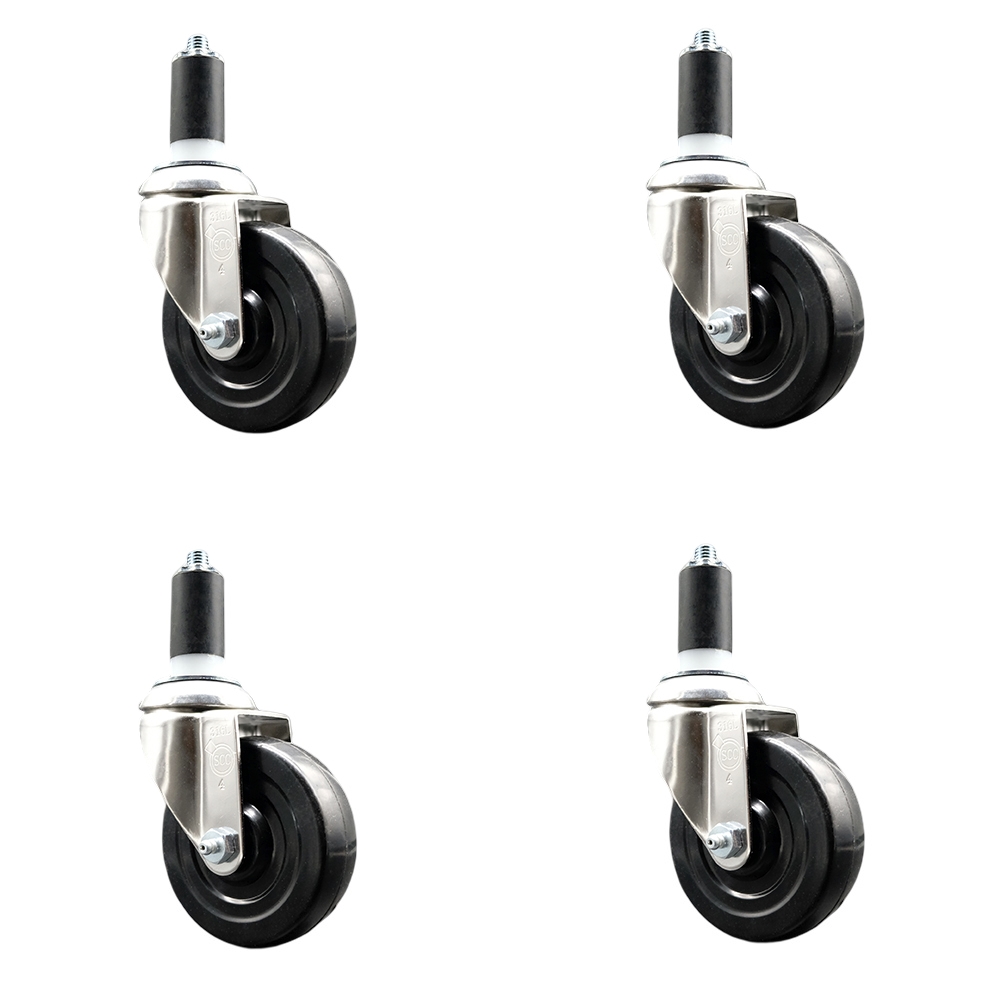 Soft Rubber Swivel Stem Caster Set of 4 with 4 Inch Black Caster Wheels - 1-3/8" Expanding Stems - 316 Stainless Steel Casters - Includes 4 Swivel Casters - Service Caster Brand — photo 1