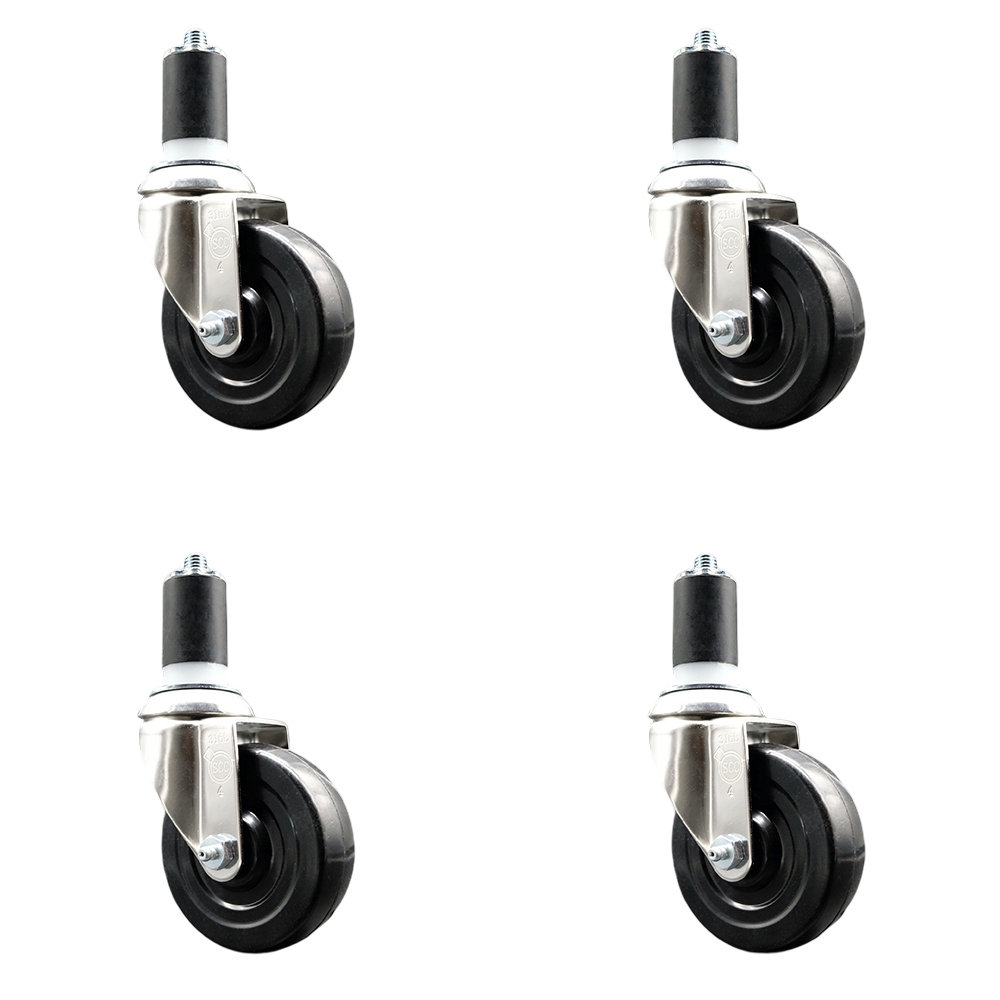 Hard Rubber Swivel Stem Caster Set of 4 with 4 Inch Black Caster Wheels - 1-5/8" Expanding Stems - 316 Stainless Steel Casters - Includes 4 Swivel Casters - Service Caster Brand — photo 1