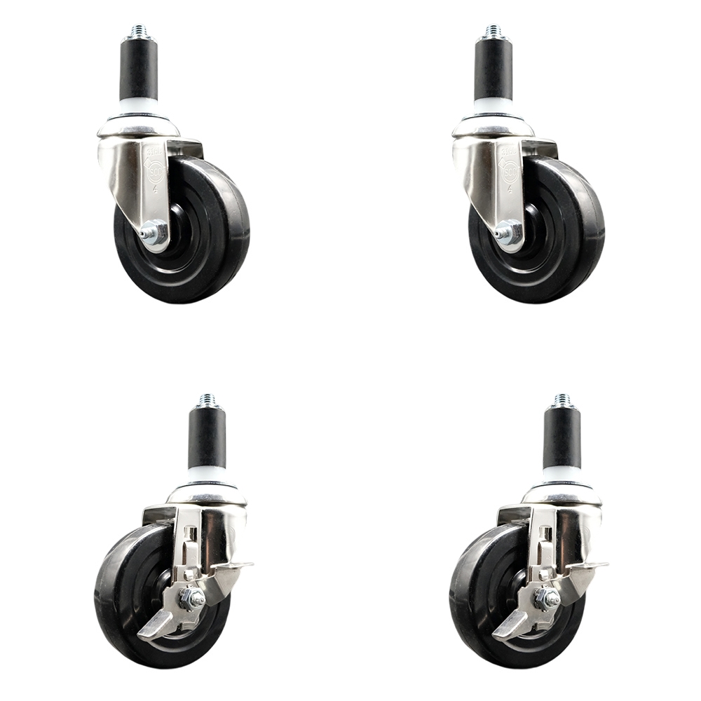 Soft Rubber Swivel Stem Caster Set of 4 with 4 Inch Caster Wheels - 1-1/4" Expanding Stems - 316 Stainless Steel Casters - Includes 2 Swivel with Top Lock Brakes and 2 Swivel - Service Caster Brand — photo 1