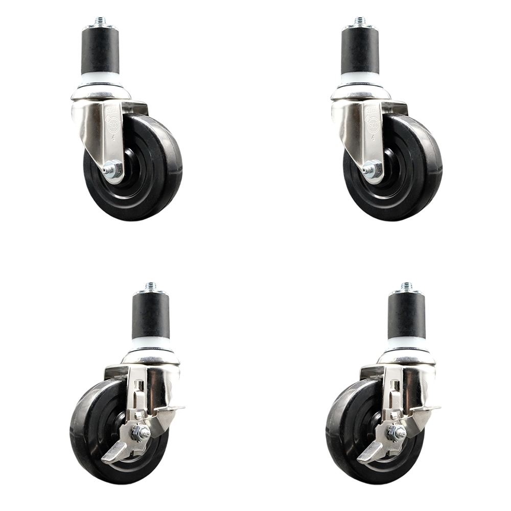 Hard Rubber Swivel Stem Caster Set of 4 with 4 Inch Caster Wheels - 1-3/4" Expanding Stems - 316 Stainless Steel Casters - Includes 2 Swivel with Top Lock Brakes and 2 Swivel - Service Caster Brand — photo 1