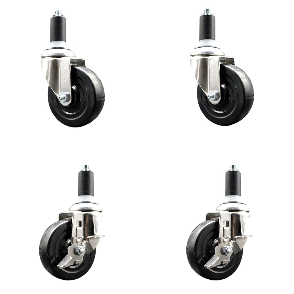 Hard Rubber Swivel Stem Caster Set of 4 with 4 Inch Caster Wheels - 1-3/8" Expanding Stems - 316 Stainless Steel Casters - Includes 2 Swivel with Top Lock Brakes and 2 Swivel - Service Caster Brand — photo 1
