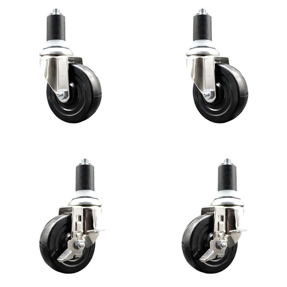 Soft Rubber Swivel Stem Caster Set of 4 with 4 Inch Caster Wheels - 1-5/8" Expanding Stems - 316 Stainless Steel Casters - Includes 2 Swivel with Top Lock Brakes and 2 Swivel - Service Caster Brand — photo 1