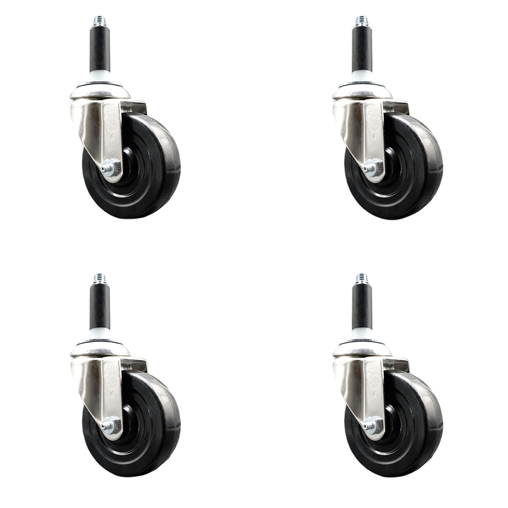 Hard Rubber Swivel Stem Caster Set of 4 with 4 Inch Black Caster Wheels - 7/8" Expanding Stems - 316 Stainless Steel Casters - Includes 4 Swivel Casters - Service Caster Brand — photo 1