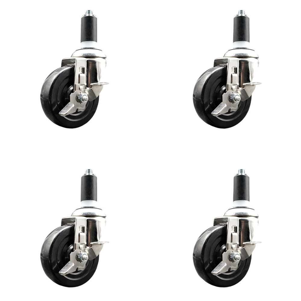 Hard Rubber Swivel Stem Caster Set of 4 with 4 Inch Caster Wheels - 1-1/4" Expanding Stems - 316 Stainless Steel Casters - Includes 4 Swivel Casters with Top Lock Brakes - Service Caster Brand — photo 1