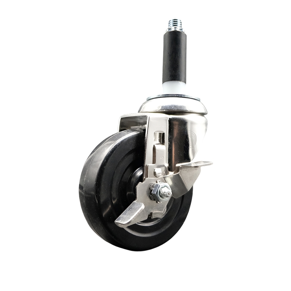 Hard Rubber Swivel Stem Caster with 4 Inch Black Caster Wheel and Top Lock Brake - 7/8" Expanding Stem - 316 Stainless Steel Caster - 300 lbs. Capacity Per Caster - Service Caster Brand — photo 1