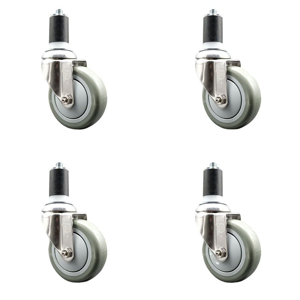 Polyurethane Swivel Stem Caster Set of 4 with 4 Inch Gray Caster Wheels - 1-1/2" Expanding Stems - 316 Stainless Steel Casters - Includes 4 Swivel Casters - Service Caster Brand — photo 1