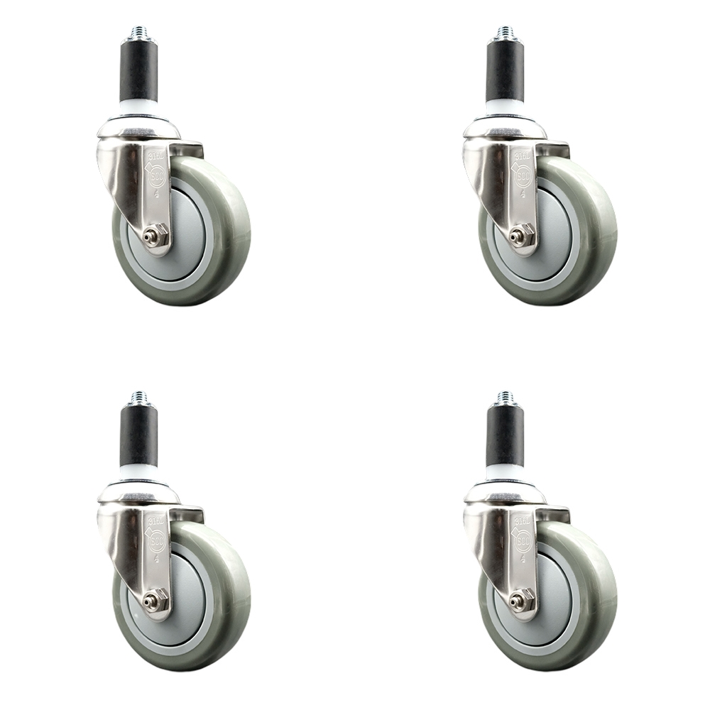 Polyurethane Swivel Stem Caster Set of 4 with 4 Inch Gray Caster Wheels - 1-1/4" Expanding Stems - 316 Stainless Steel Casters - Includes 4 Swivel Casters - Service Caster Brand — photo 1