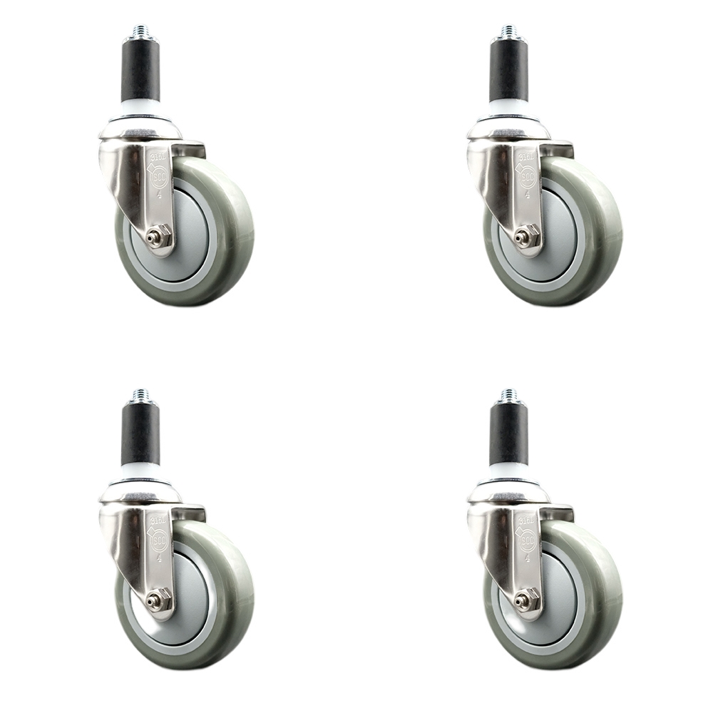 Polyurethane Swivel Stem Caster Set of 4 with 4 Inch Gray Caster Wheels - 1-3/8" Expanding Stems - 316 Stainless Steel Casters - Includes 4 Swivel Casters - Service Caster Brand — photo 1
