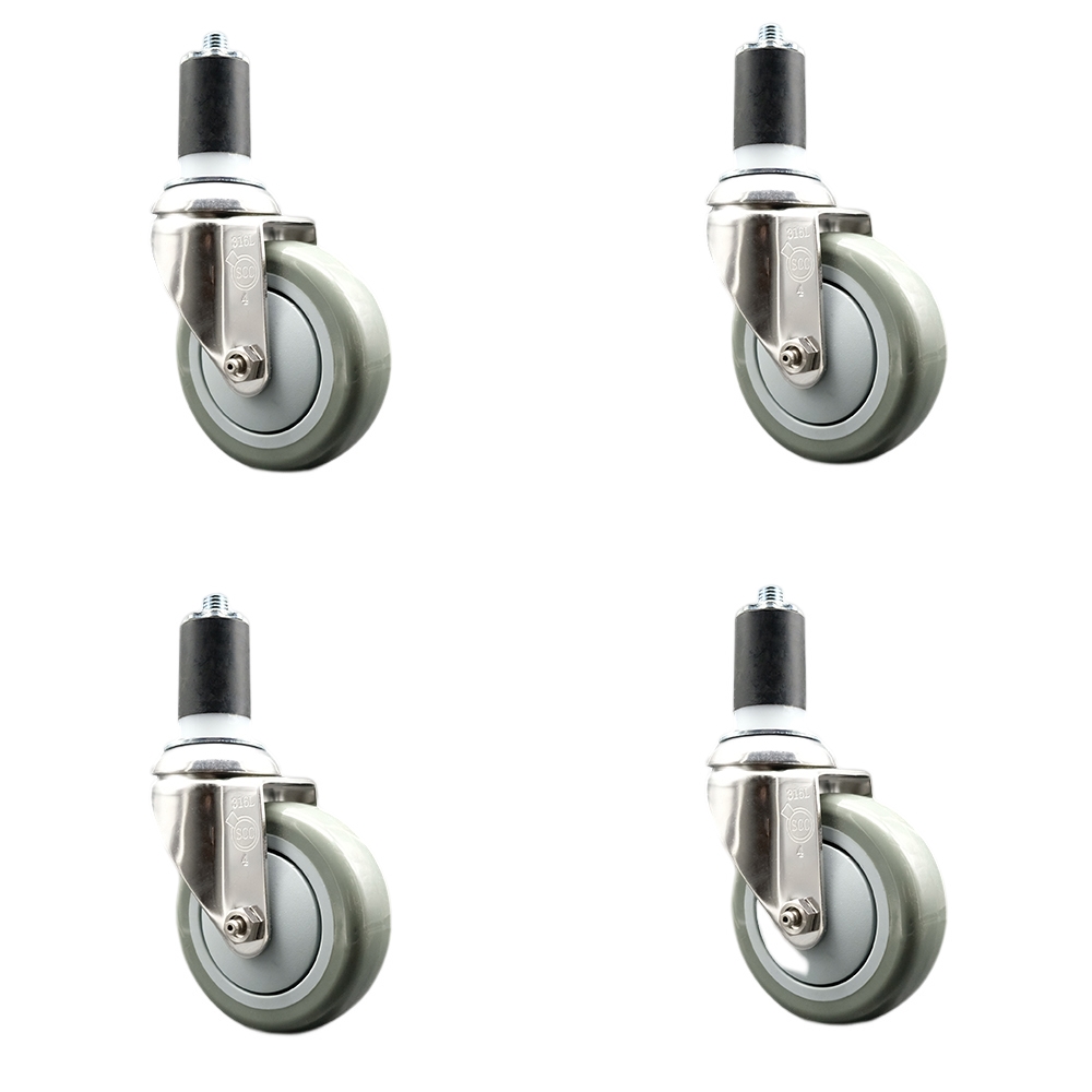 Polyurethane Swivel Stem Caster Set of 4 with 4 Inch Gray Caster Wheels - 1-5/8" Expanding Stems - 316 Stainless Steel Casters - Includes 4 Swivel Casters - Service Caster Brand — photo 1
