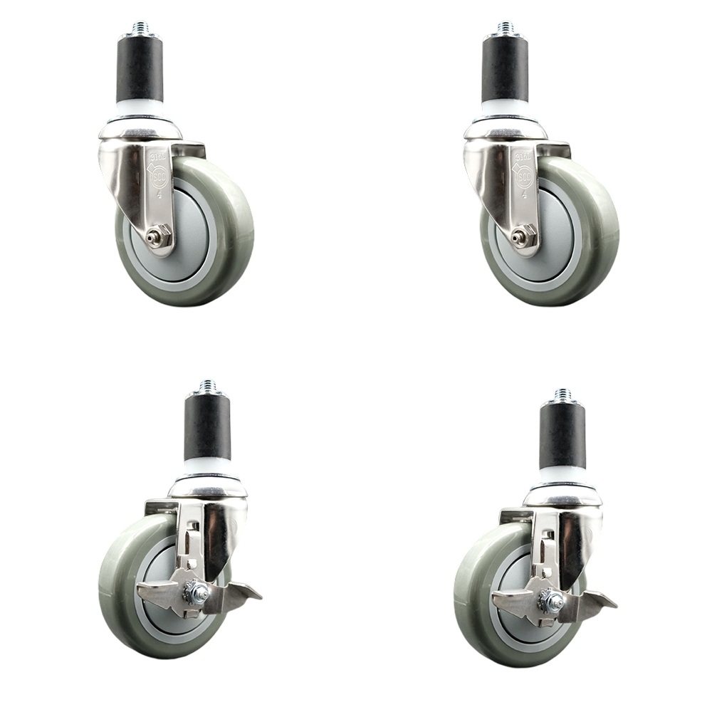 Polyurethane Swivel Stem Caster Set of 4 with 4 Inch Gray Caster Wheels - 1-1/2" Expanding Stems - 316 Stainless Steel Casters-Includes 2 Swivel with Top Lock Brakes and 2 Swivel-Service Caster Brand — photo 1